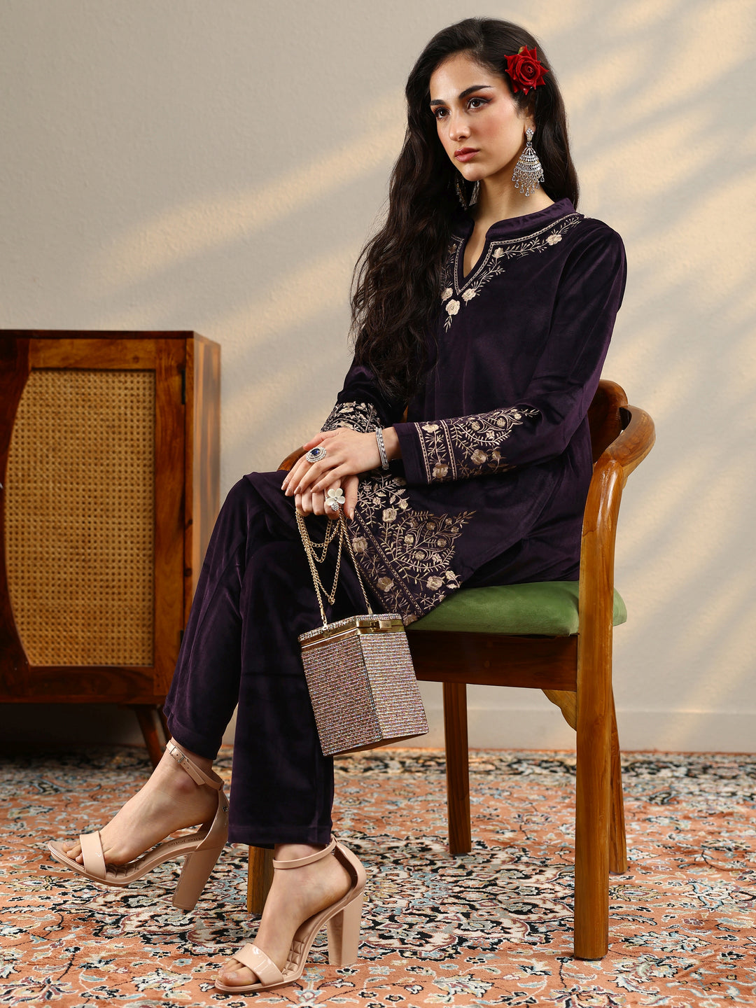  Burgundy Woven Design Velvet Co-Ord Sets 