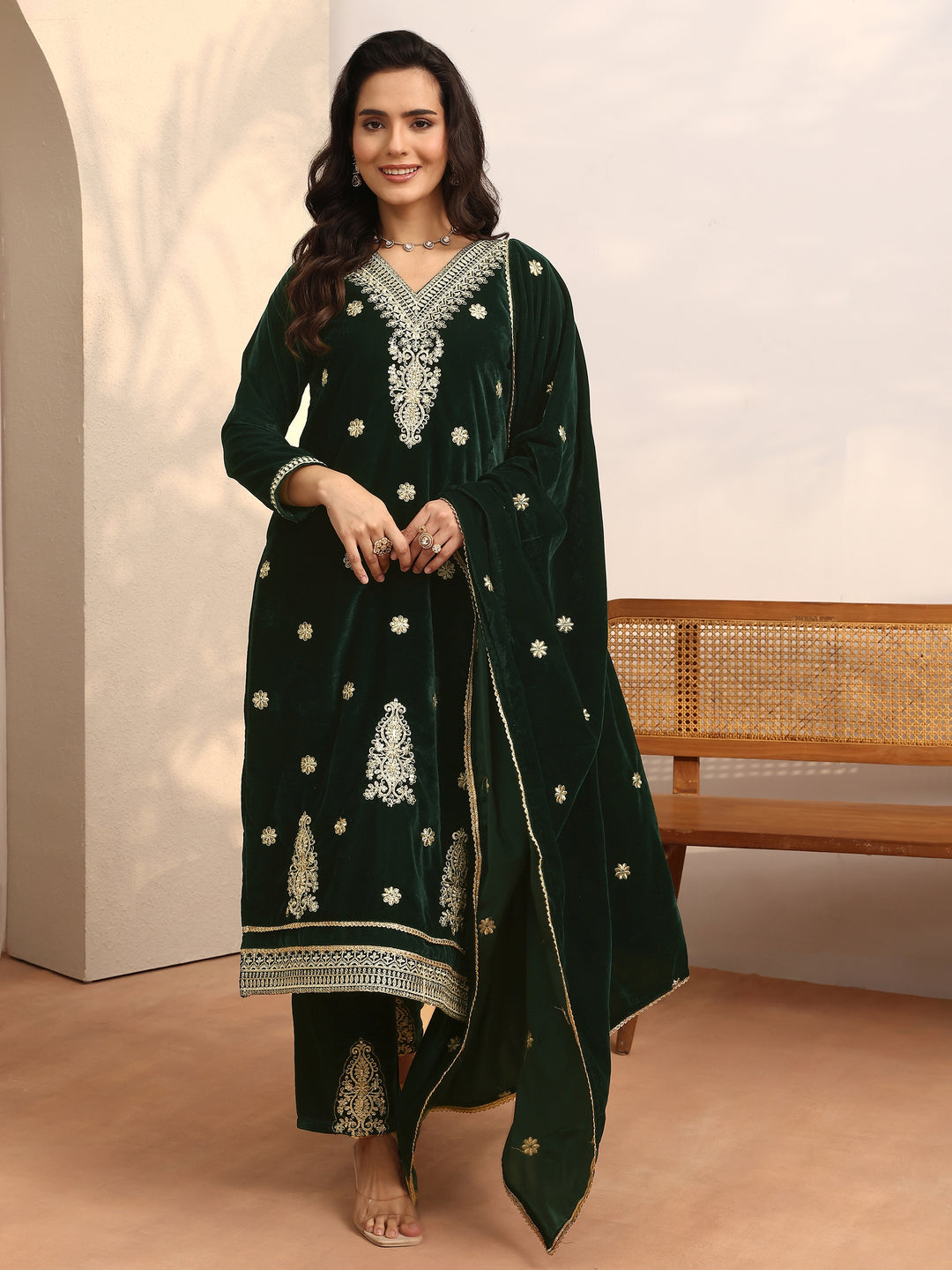  Green Embroidered Velvet Straight Suit Set With Dupatta 