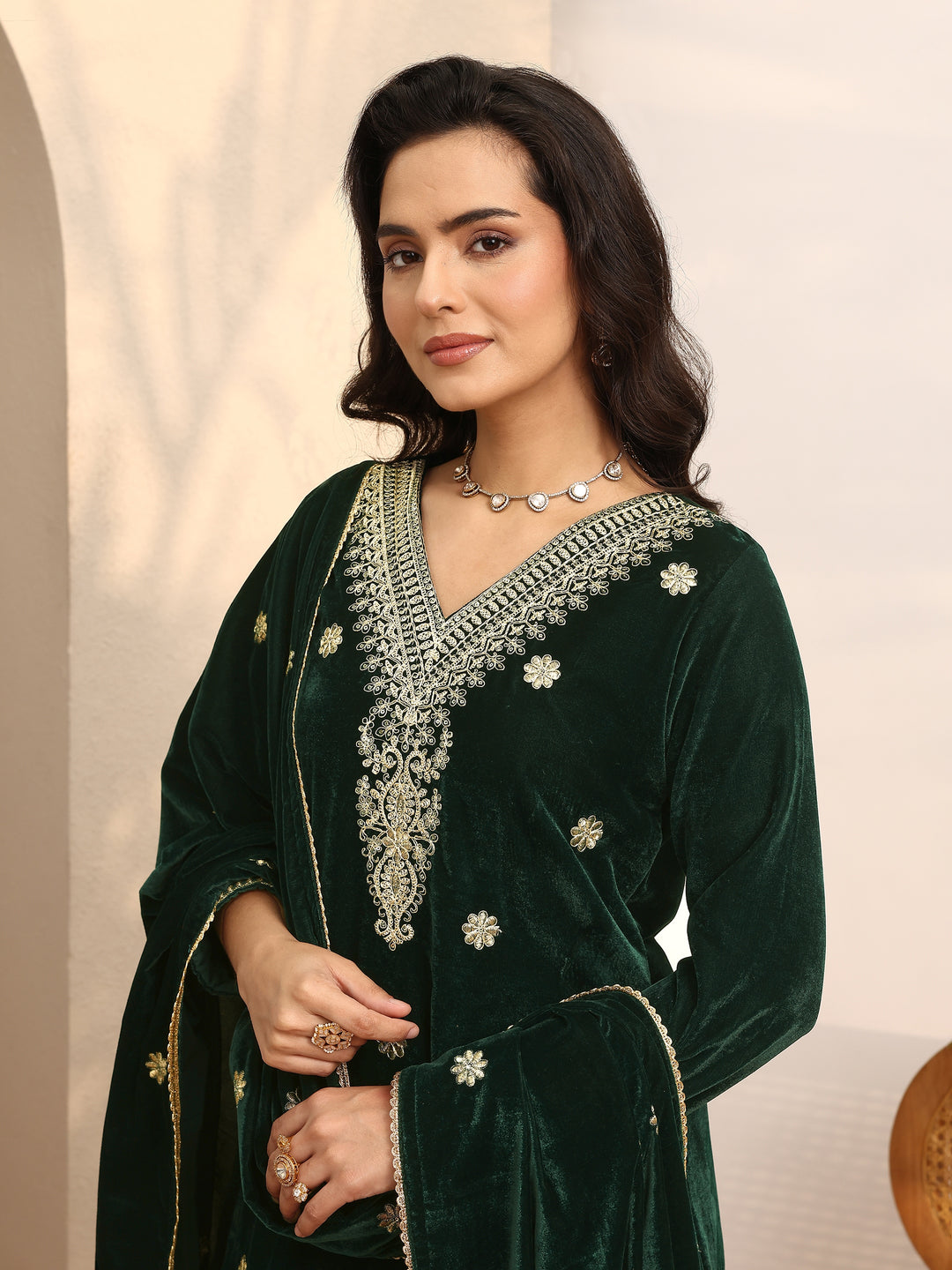  Green Embroidered Velvet Straight Suit Set With Dupatta 