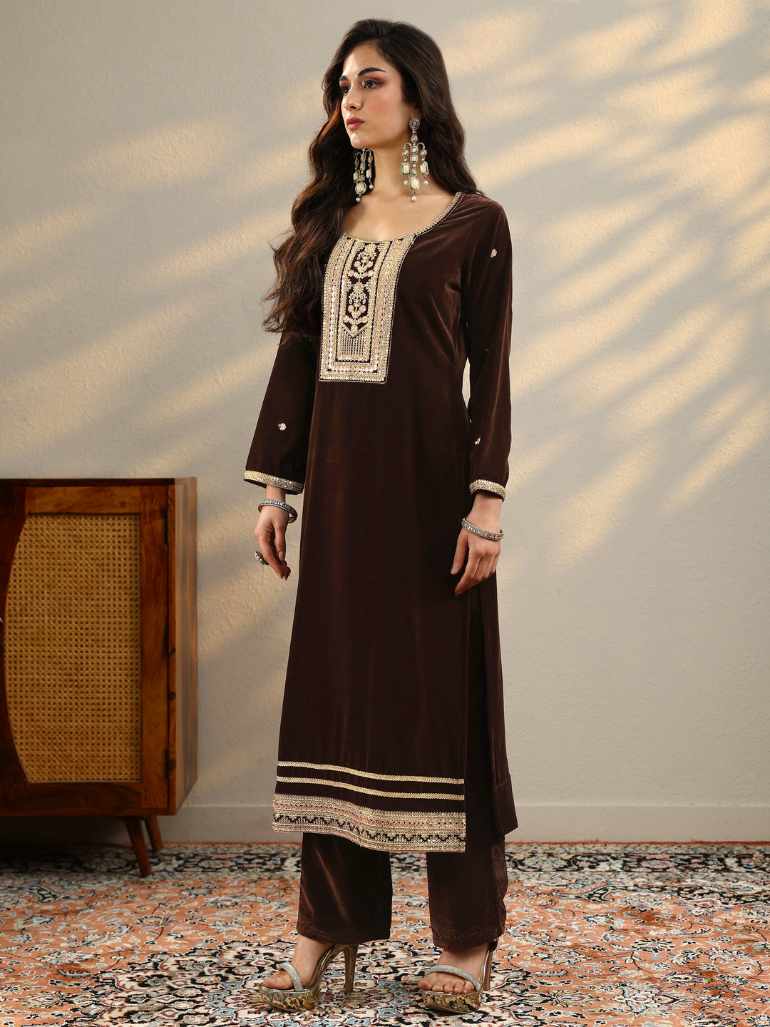  Brown Embroidered Velvet A-Line Suit Set With Dupatta 