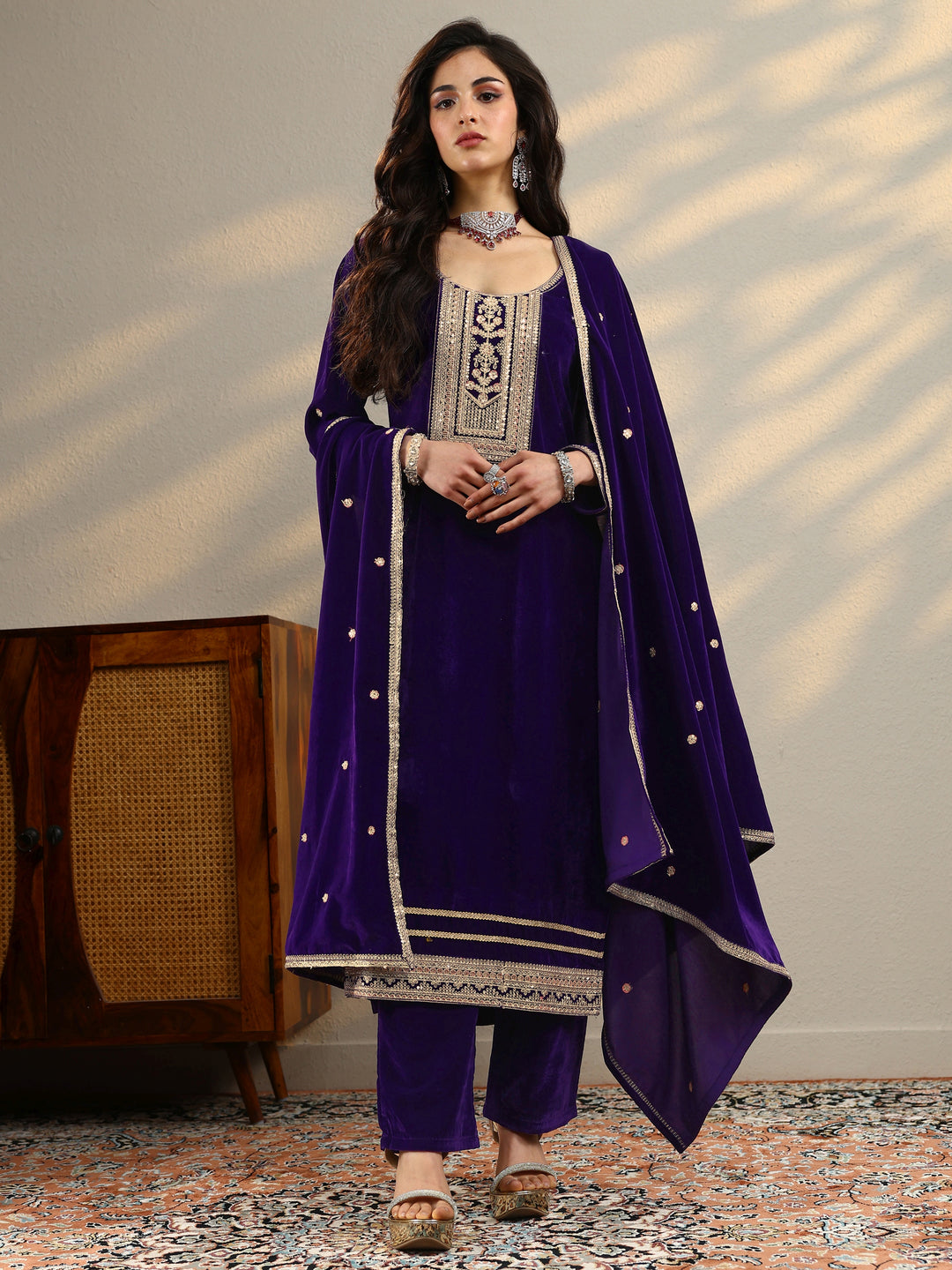  Purple Embroidered Velvet Straight Suit Set With Dupatta 