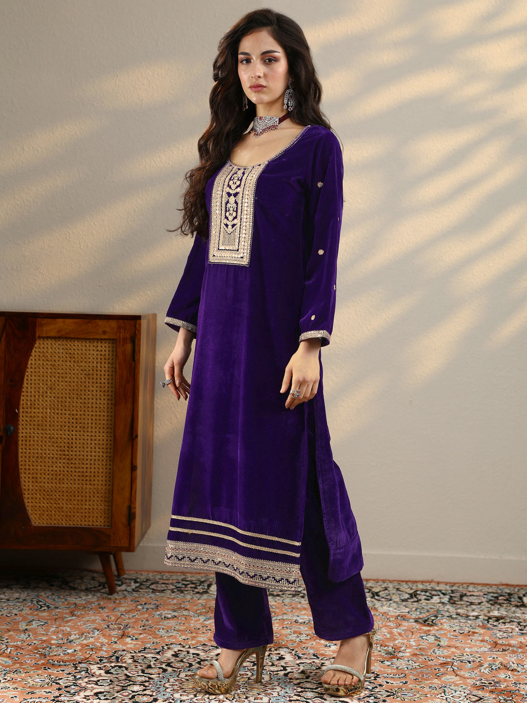  Purple Embroidered Velvet Straight Suit Set With Dupatta 