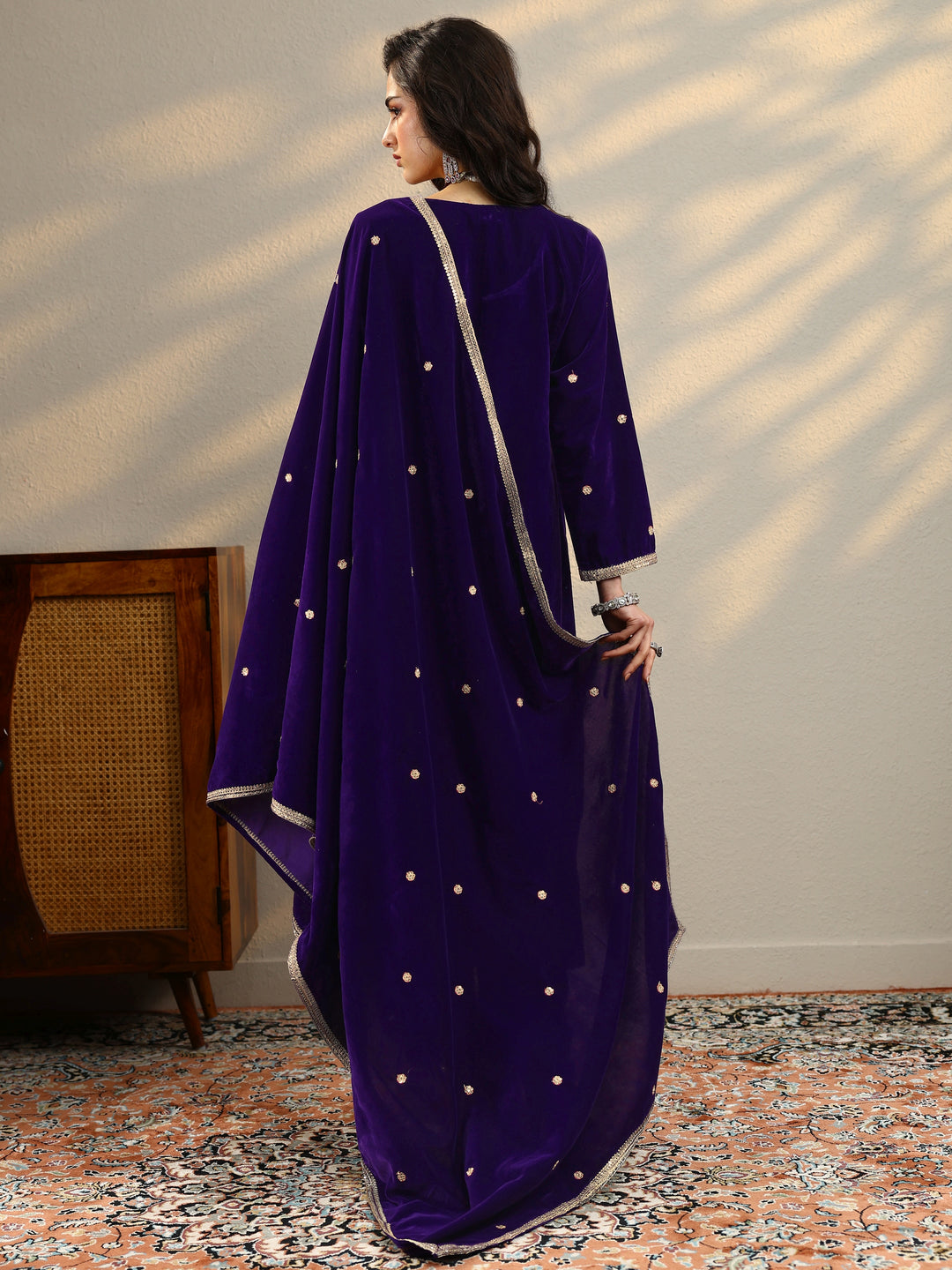  Purple Embroidered Velvet Straight Suit Set With Dupatta 