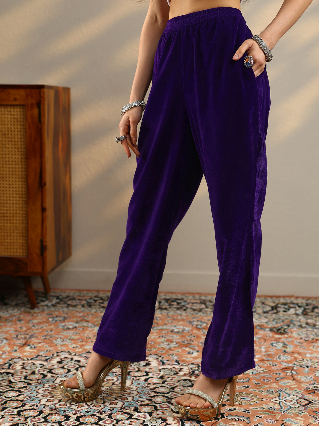  Purple Embroidered Velvet Straight Suit Set With Dupatta 