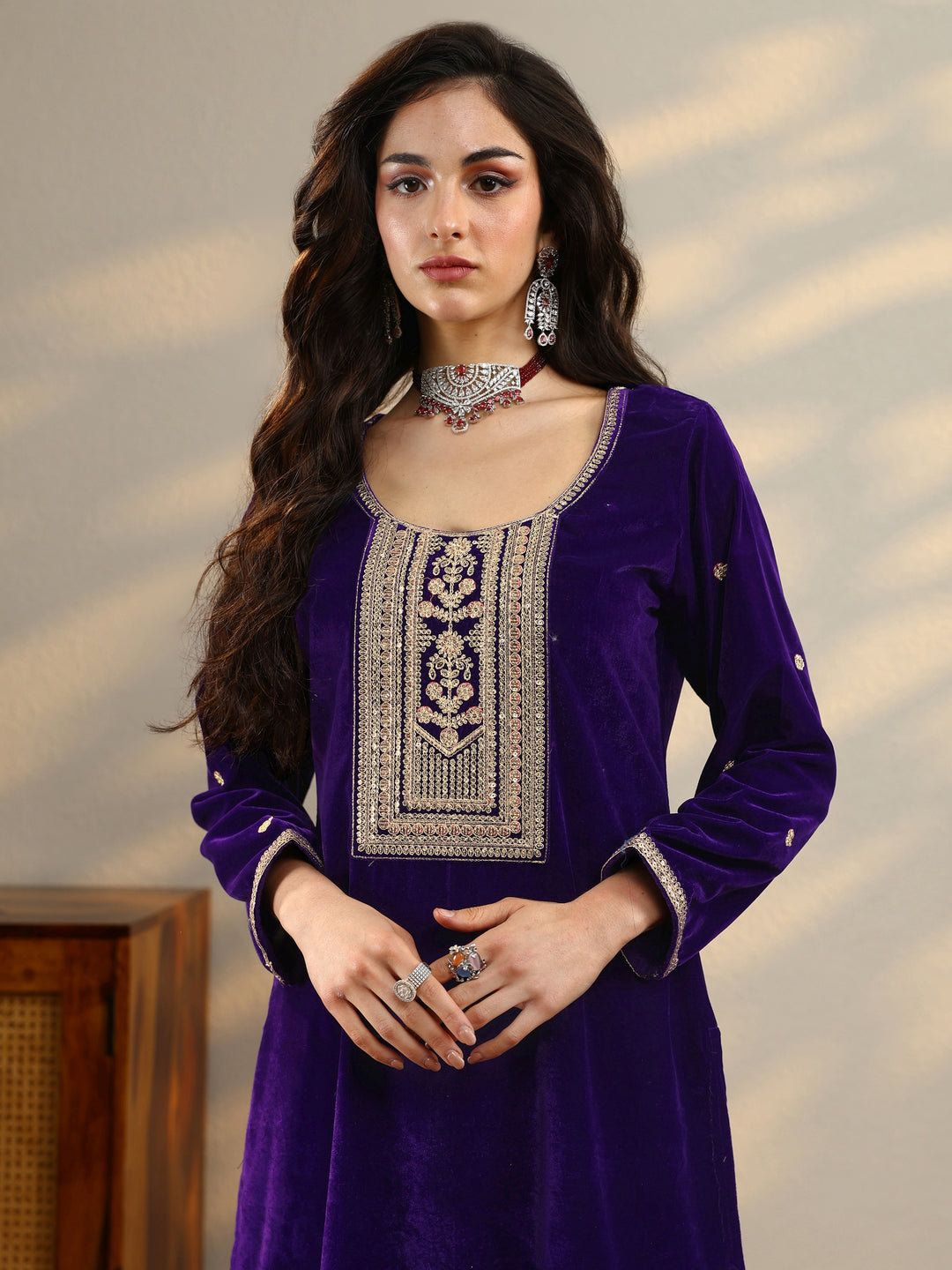  Purple Embroidered Velvet Straight Suit Set With Dupatta 