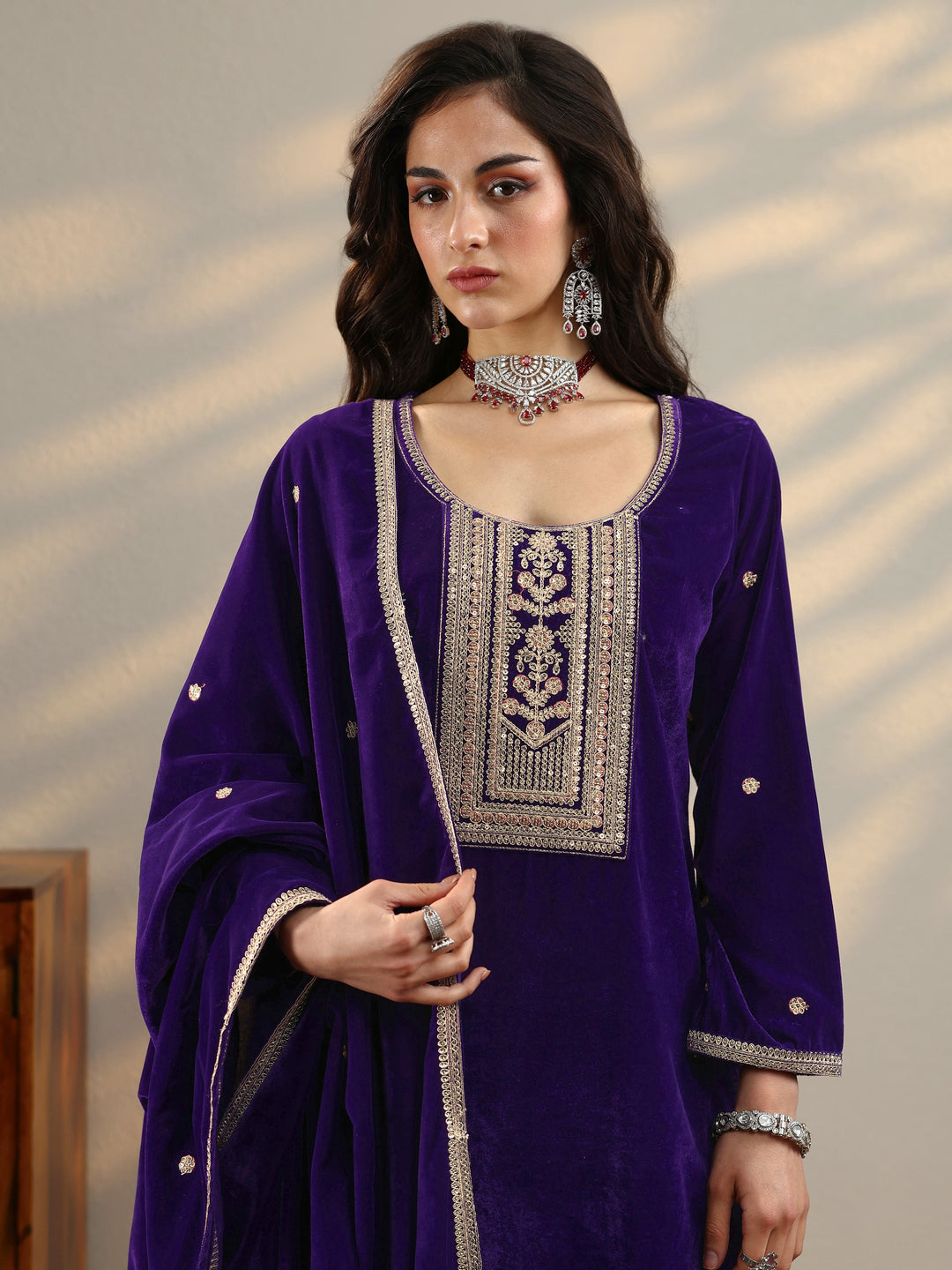  Purple Embroidered Velvet Straight Suit Set With Dupatta 