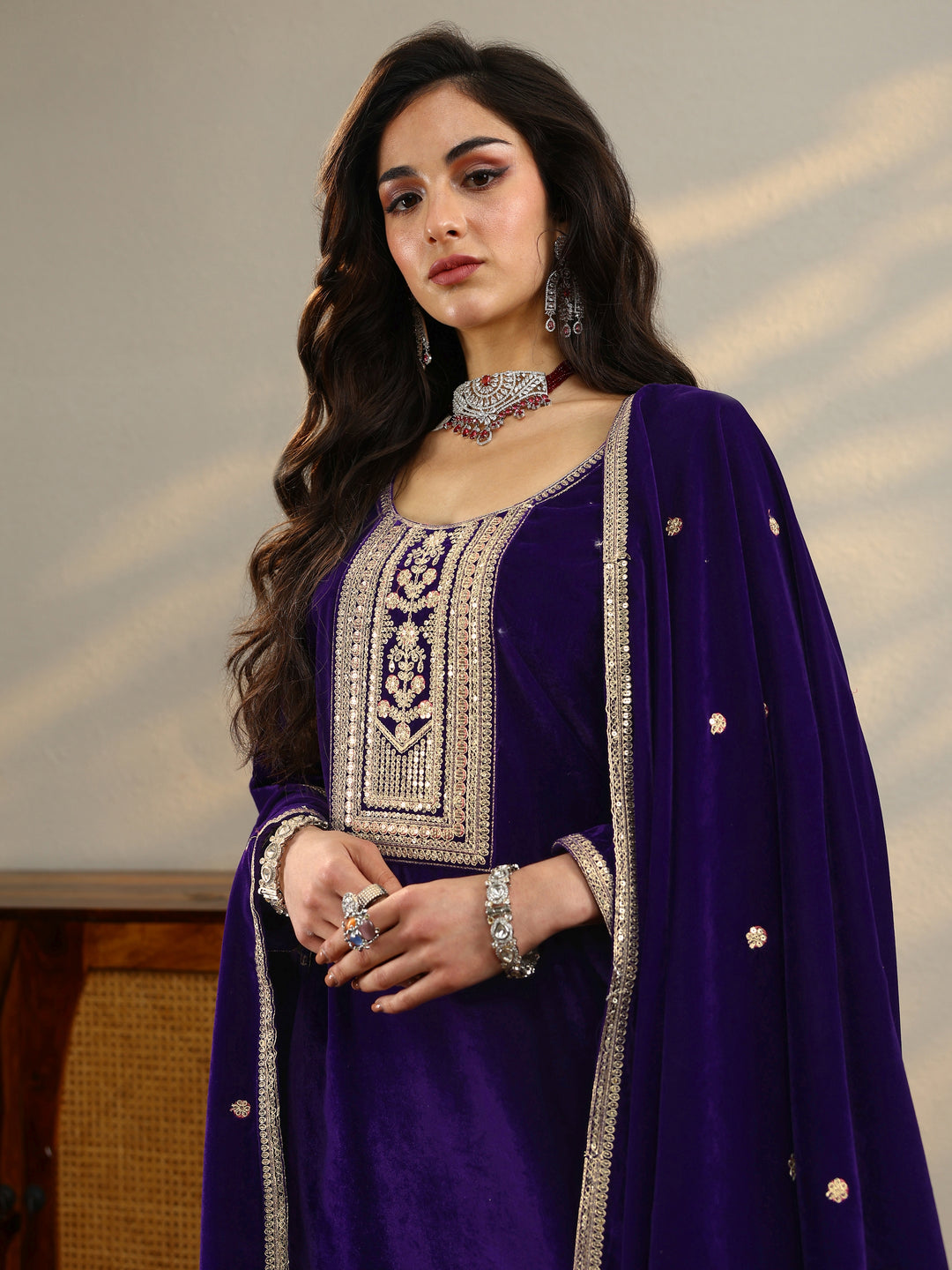 Purple Embroidered Velvet Straight Suit Set With Dupatta