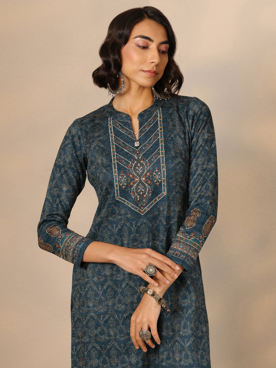  Teal Printed Wool Straight Suit Set With Dupatta 