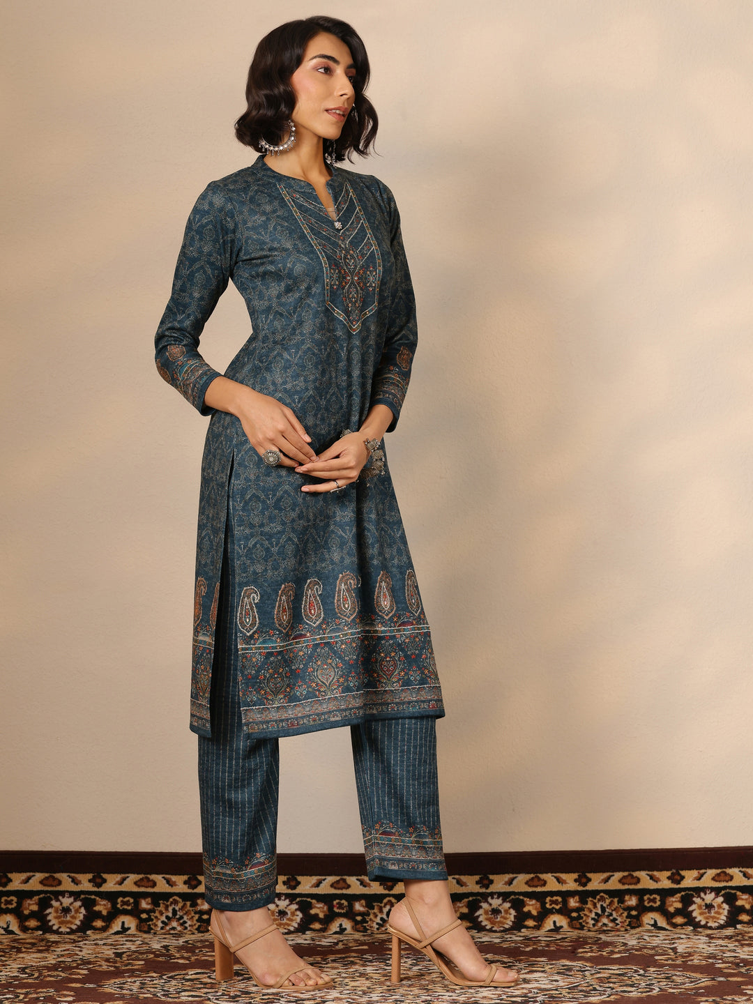  Teal Printed Wool Straight Suit Set With Dupatta 