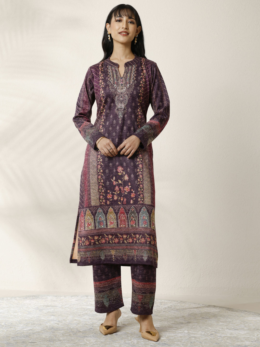  Burgundy Printed Wool Blend Straight Suit Set With Dupatta 