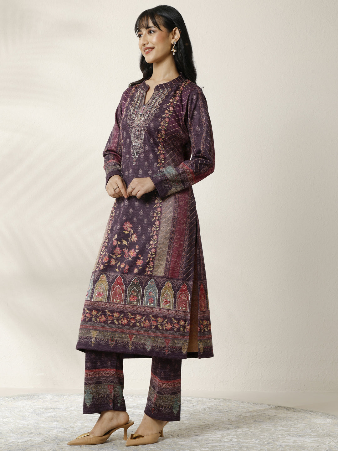  Burgundy Printed Wool Blend Straight Suit Set With Dupatta 