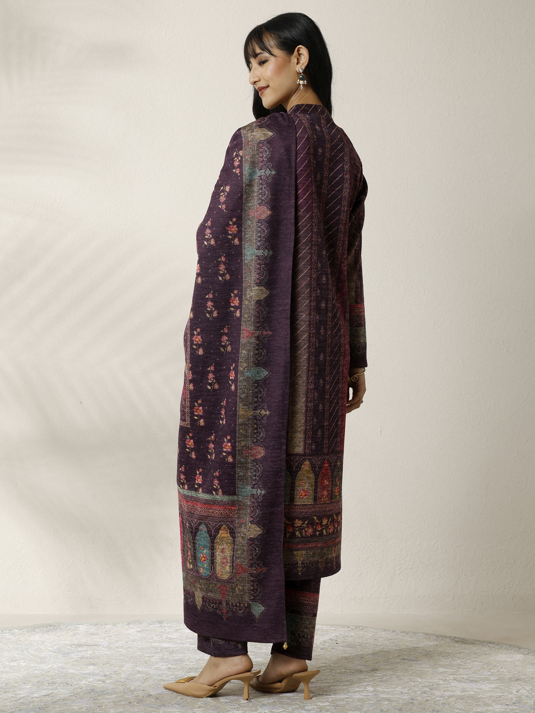  Burgundy Printed Wool Blend Straight Suit Set With Dupatta 