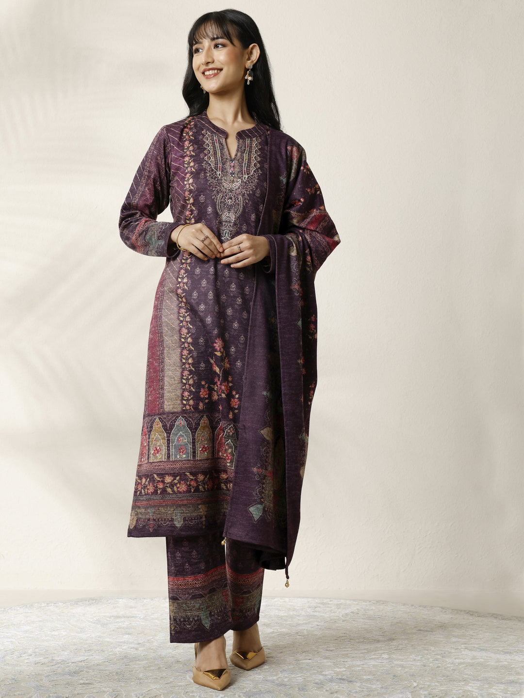  Burgundy Printed Wool Blend Straight Suit Set With Dupatta 