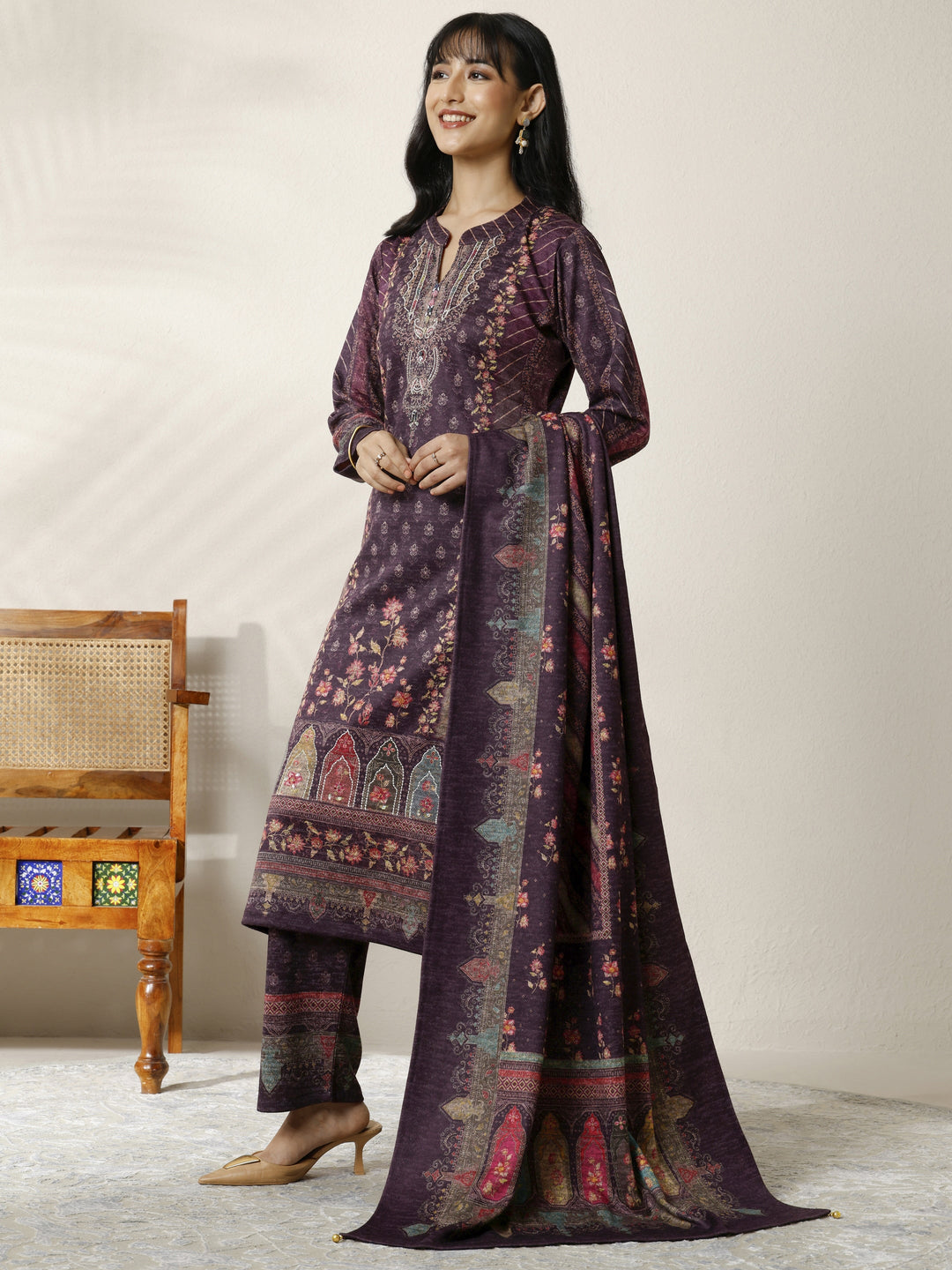  Burgundy Printed Wool Blend Straight Suit Set With Dupatta 