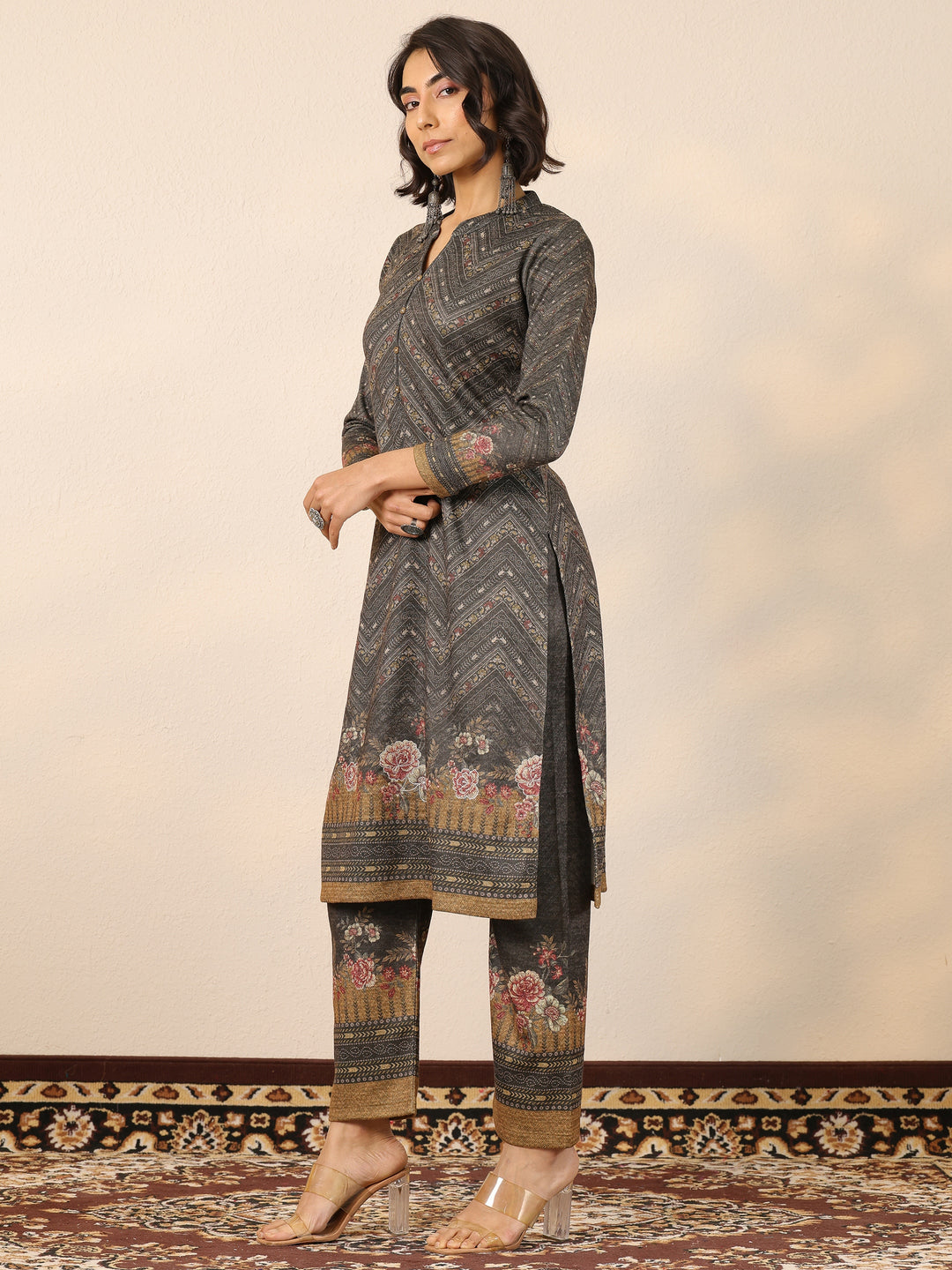  Green Printed Wool Straight Suit Set With Dupatta 