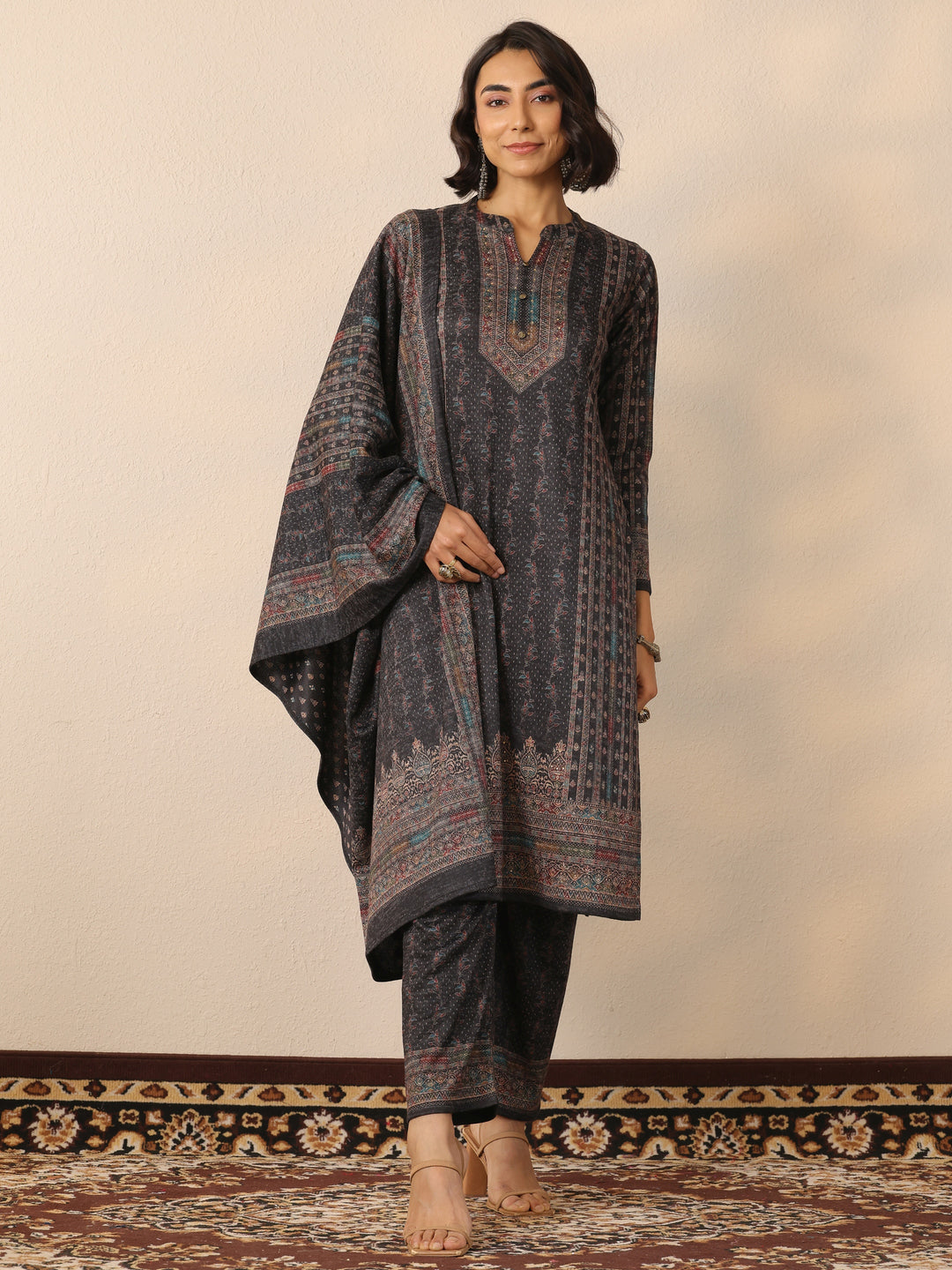  Black Printed Wool Straight Suit Set With Dupatta 