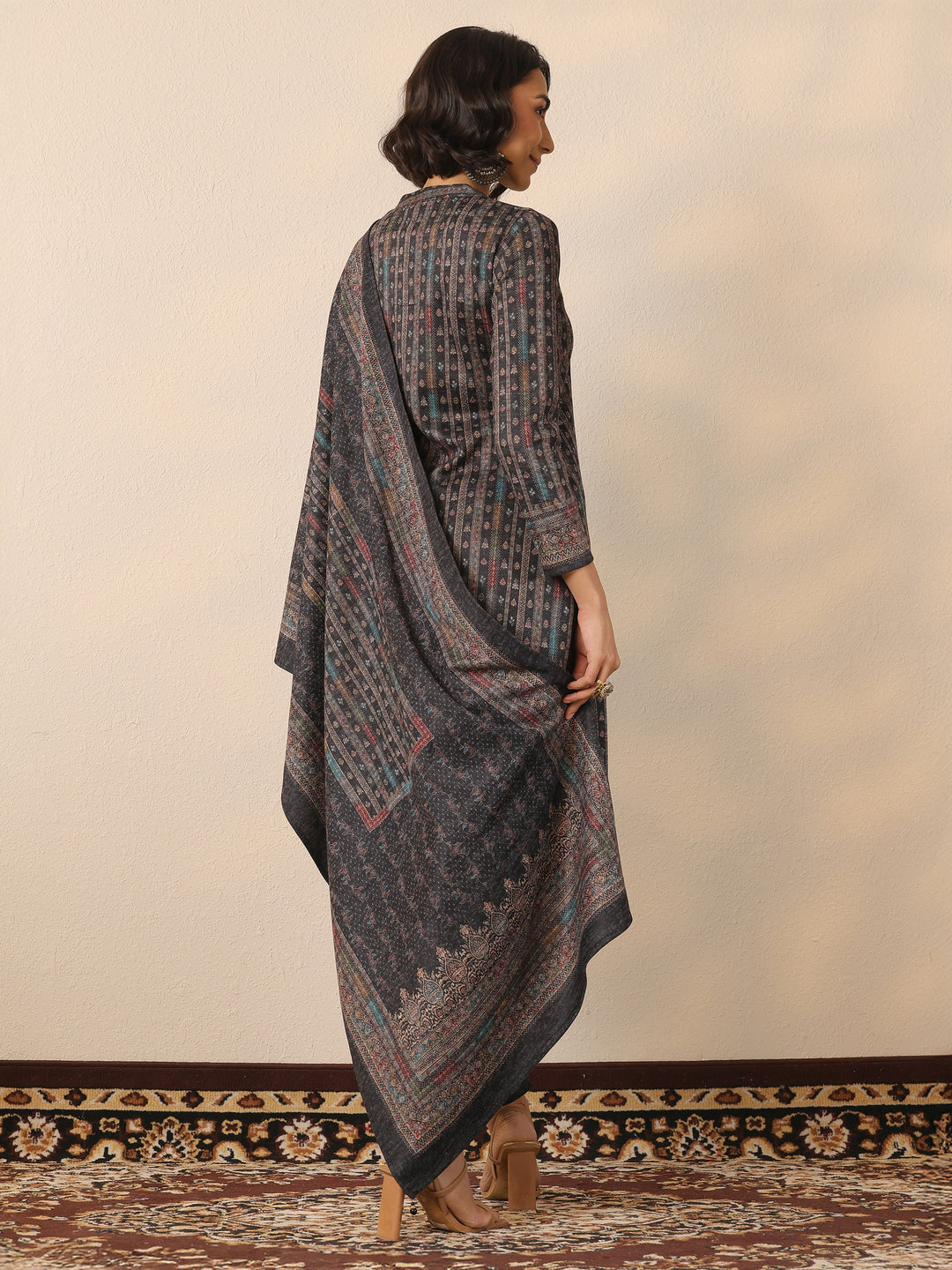  Black Printed Wool Straight Suit Set With Dupatta 