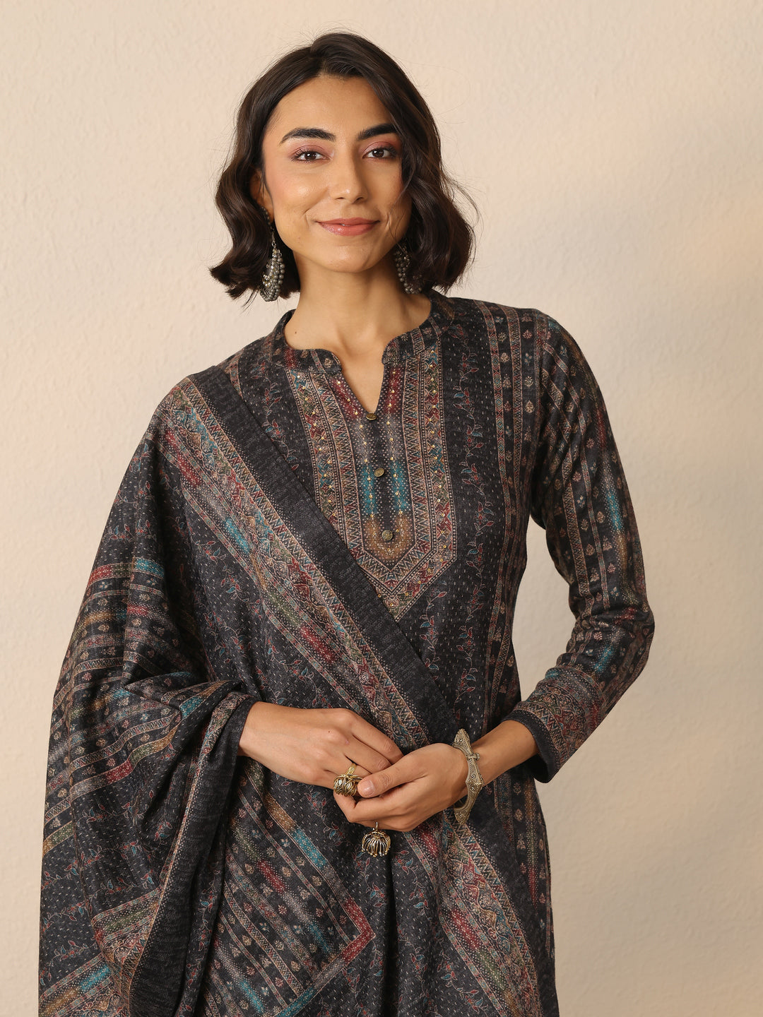  Black Printed Wool Straight Suit Set With Dupatta 