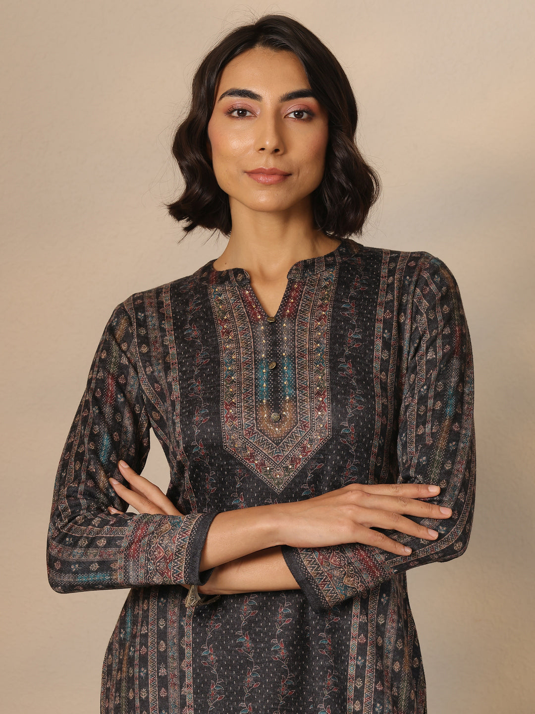  Black Printed Wool Straight Suit Set With Dupatta 