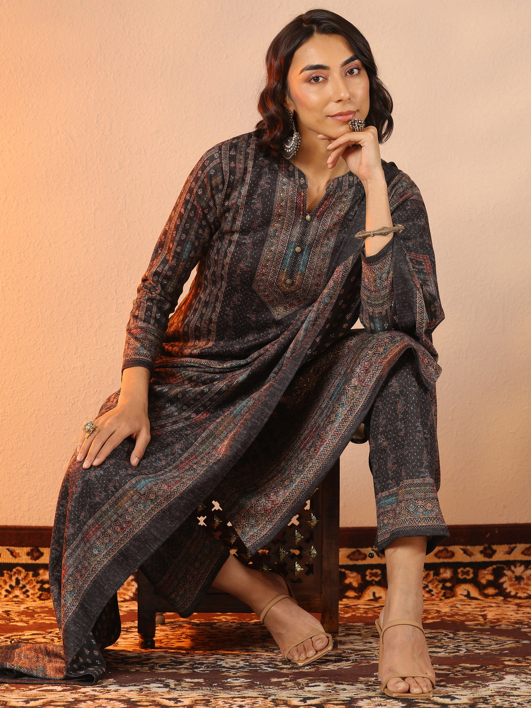  Black Printed Wool Straight Suit Set With Dupatta 