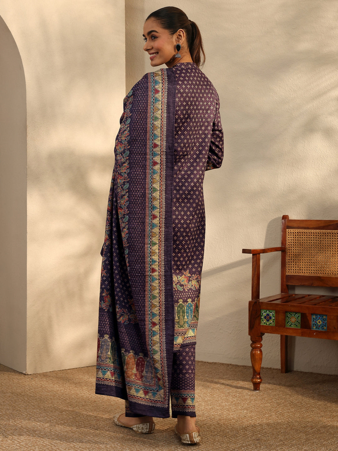  Burgundy Printed Wool Blend Straight Suit Set With Dupatta 