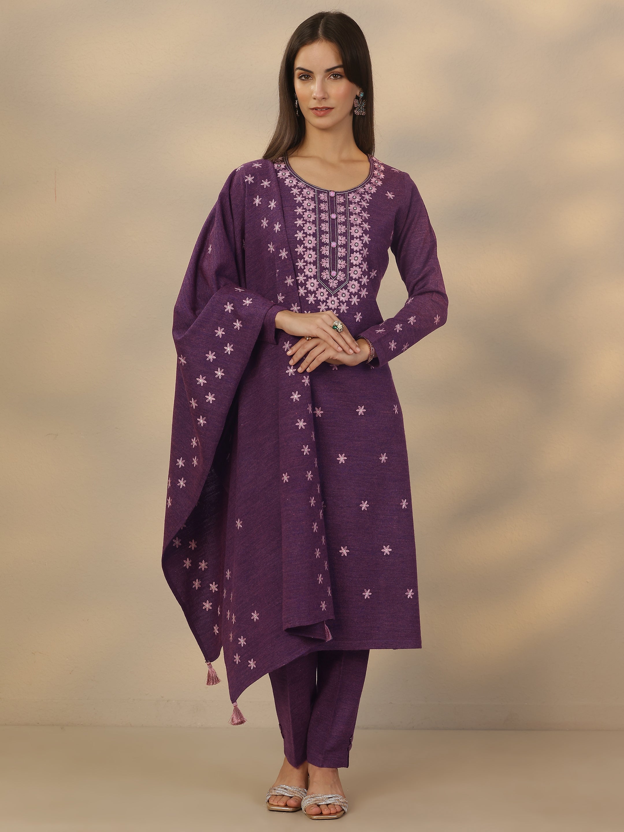 Purple Embroidered Wool Straight Suit Set With Dupatta-image-23