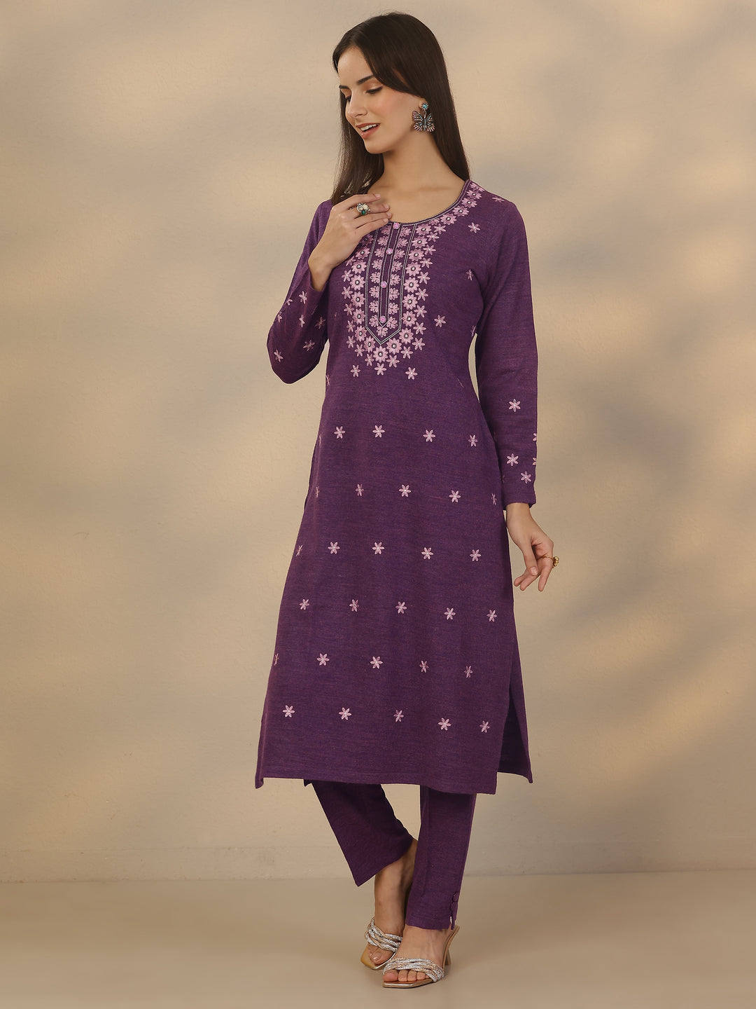  Purple Embroidered Wool Straight Suit Set With Dupatta 