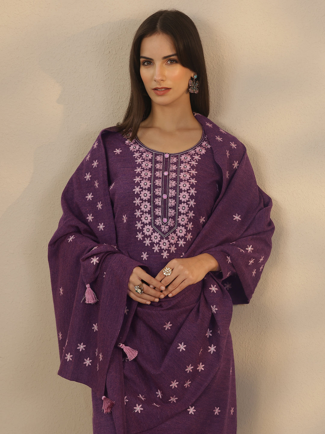  Purple Embroidered Wool Straight Suit Set With Dupatta 