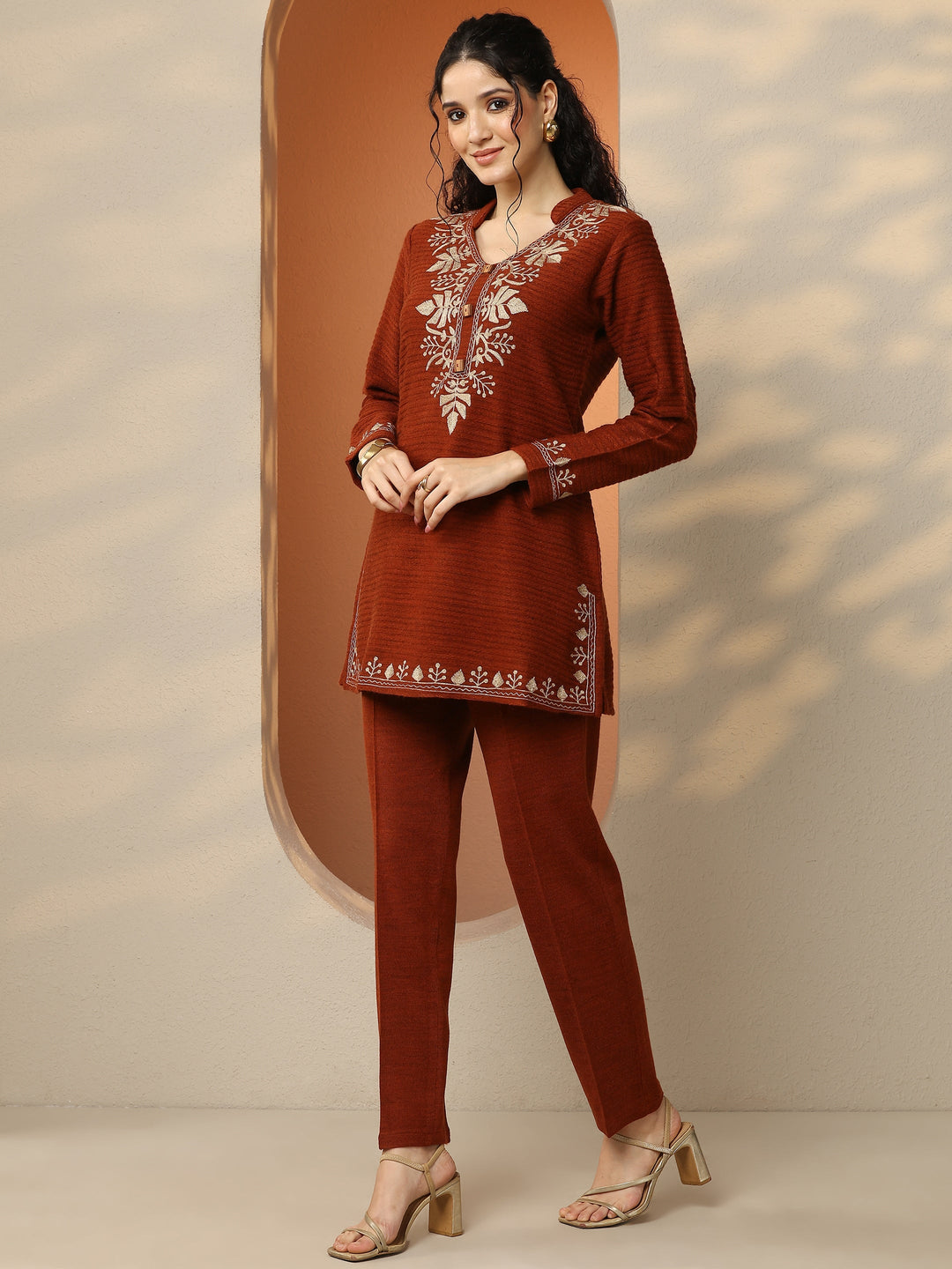  Rust Embroidered Wool Co-Ord Sets 