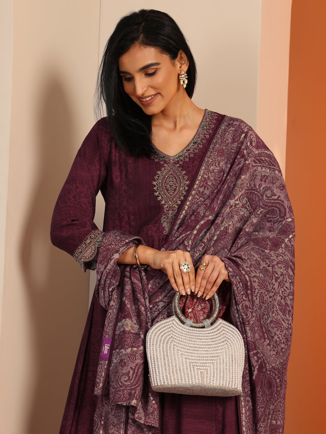  Maroon Printed Silk Blend Anarkali Suit Set With Dupatta 