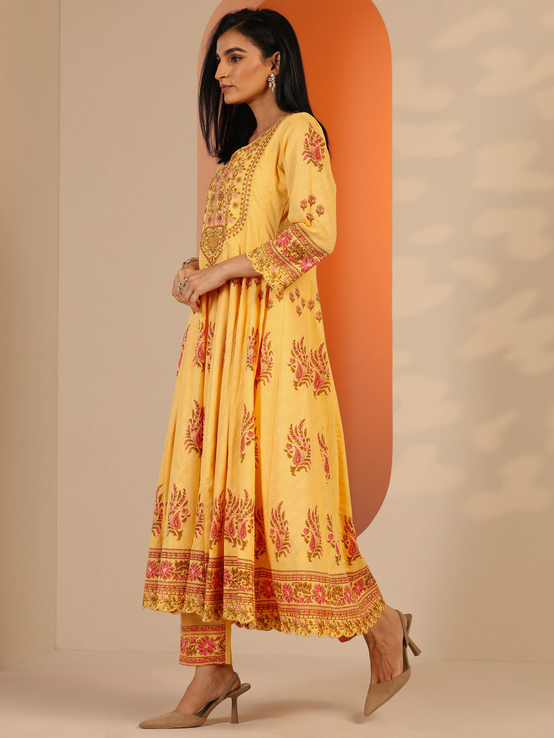  Yellow Printed Cotton Anarkali Suit Set With Dupatta 