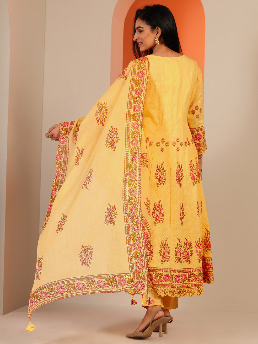  Yellow Printed Cotton Anarkali Suit Set With Dupatta 