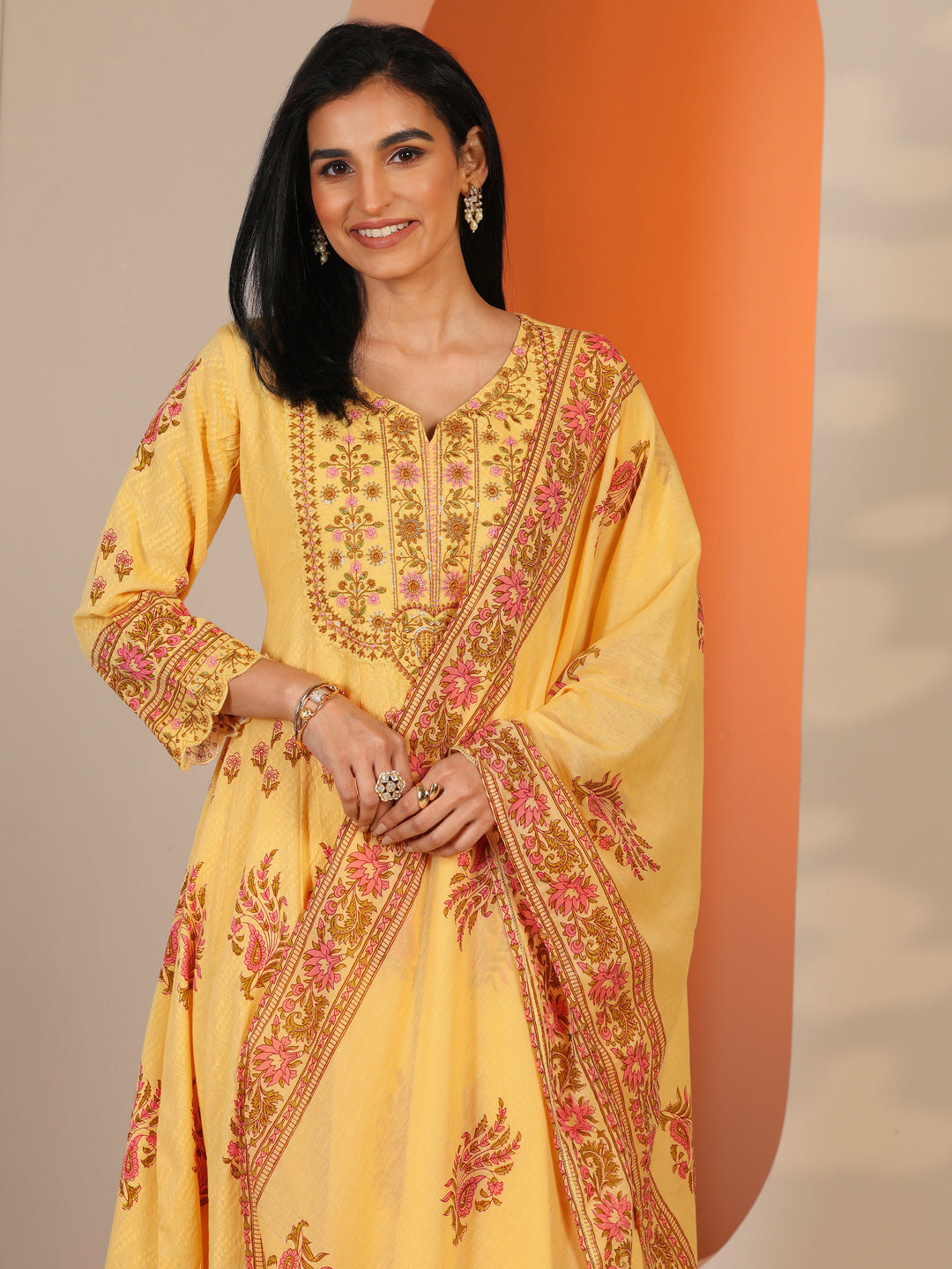  Yellow Printed Cotton Anarkali Suit Set With Dupatta 