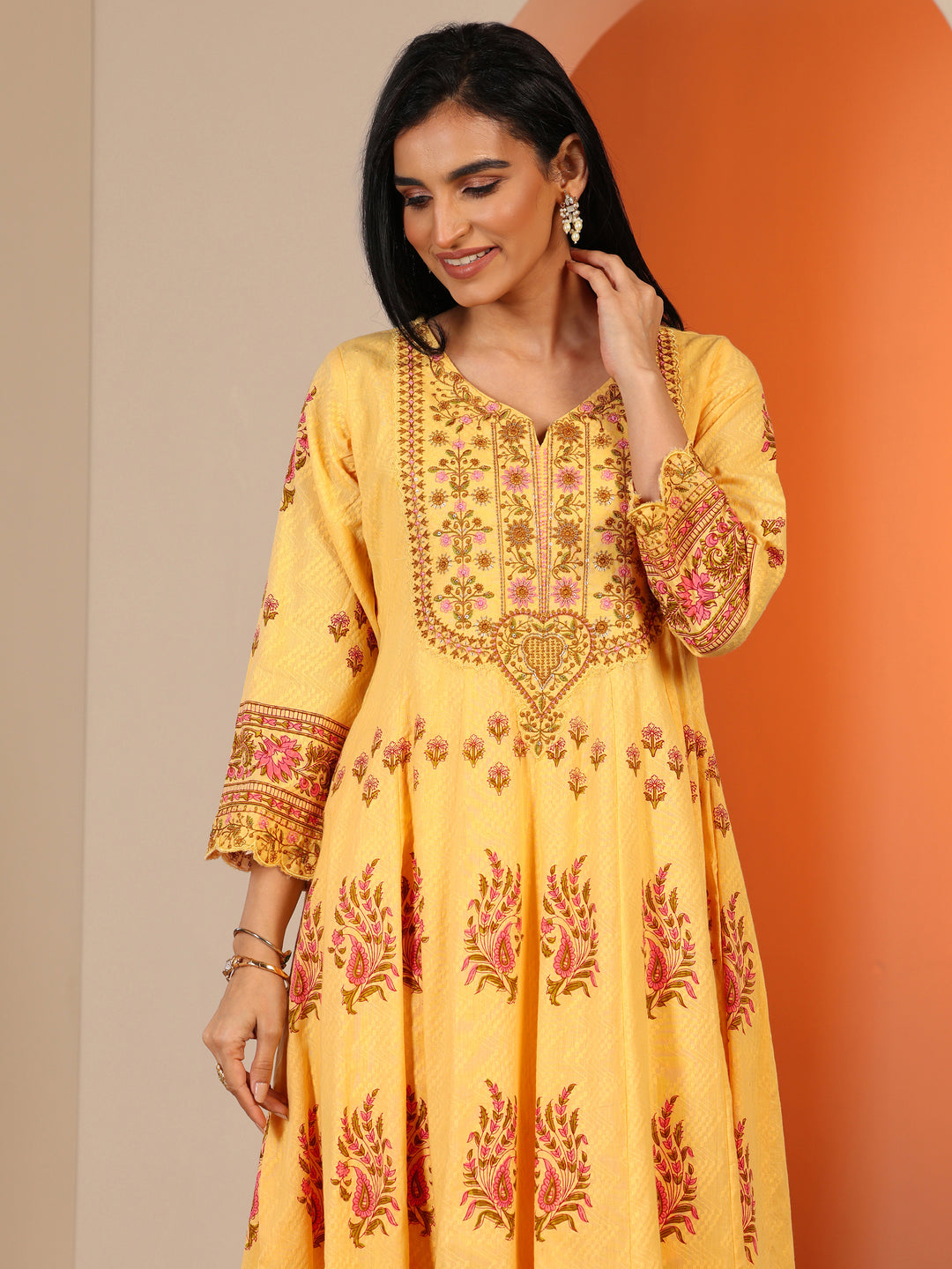  Yellow Printed Cotton Anarkali Suit Set With Dupatta 