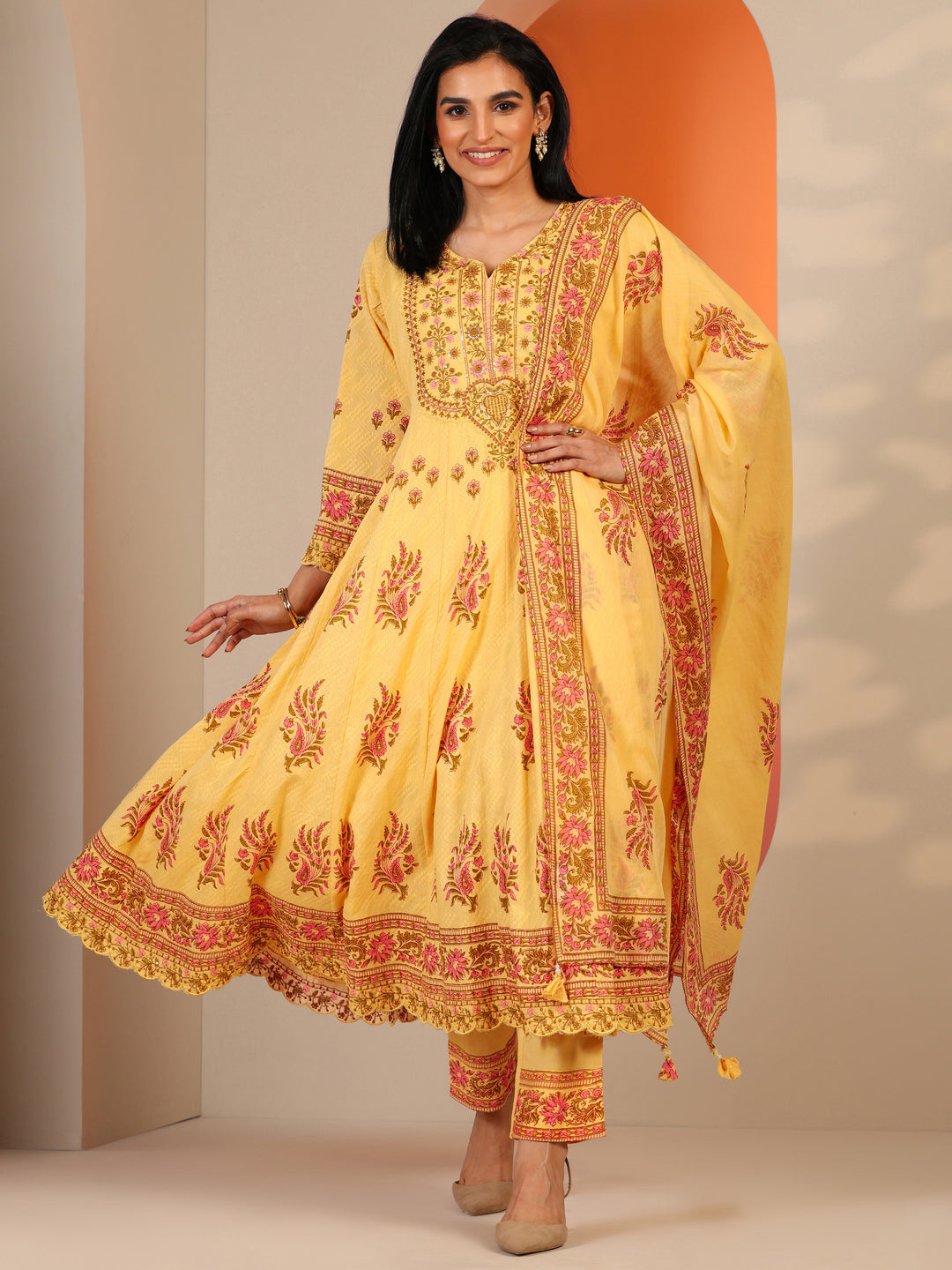  Yellow Printed Cotton Anarkali Suit Set With Dupatta 