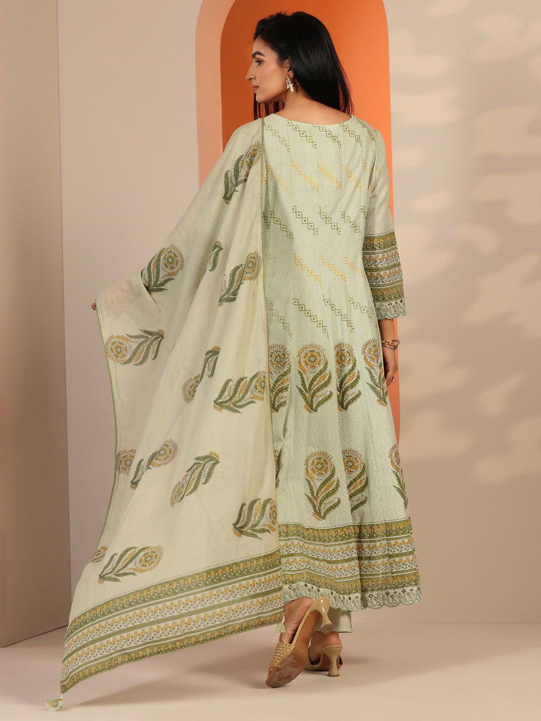  Green Printed Cotton Anarkali Suit Set With Dupatta 