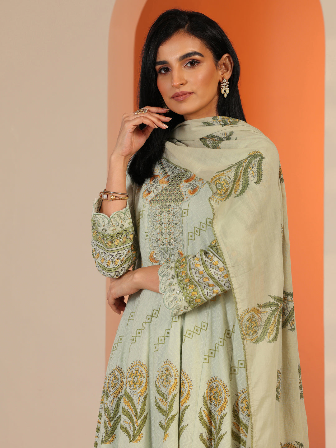  Green Printed Cotton Anarkali Suit Set With Dupatta 