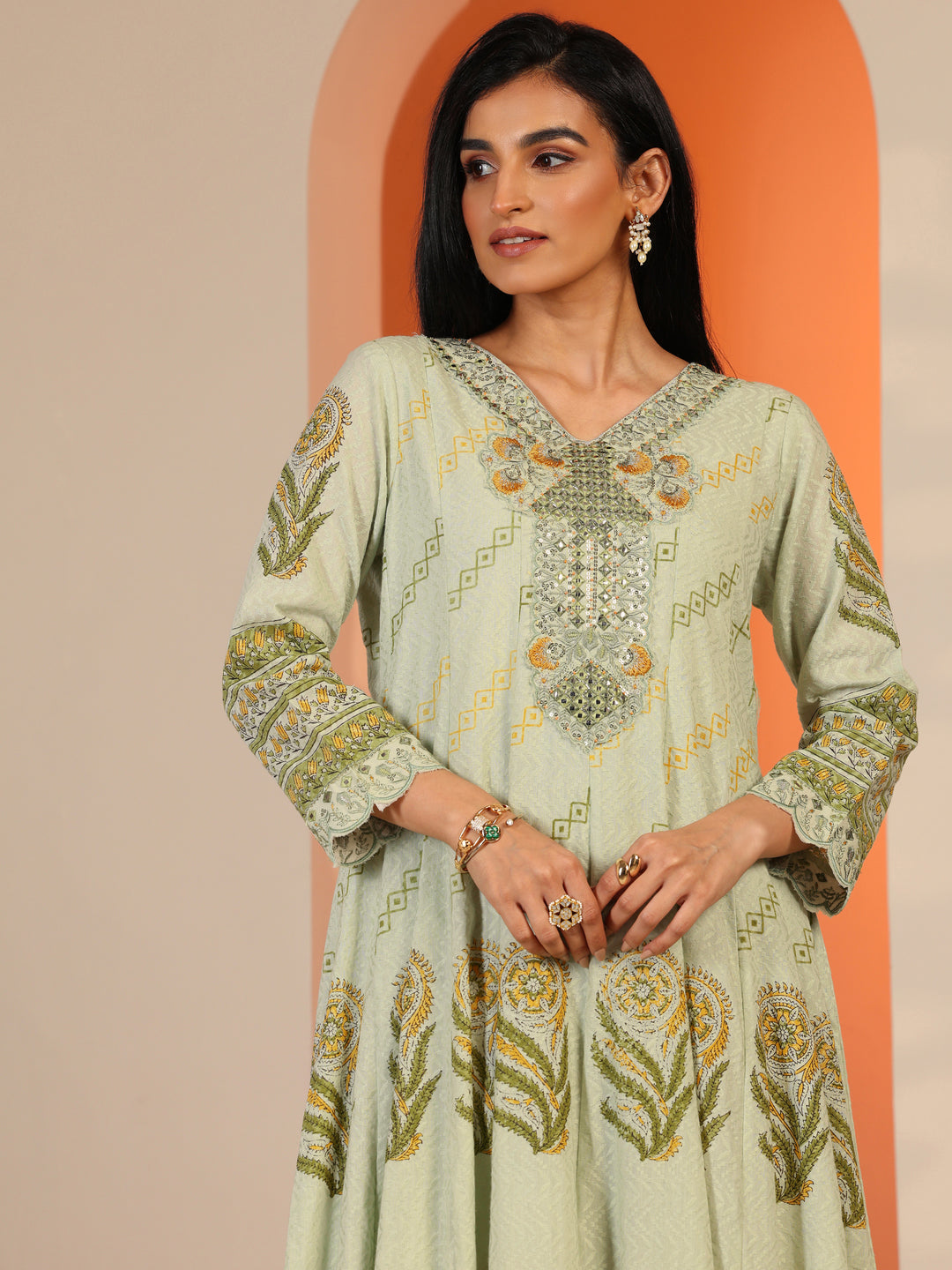  Green Printed Cotton Anarkali Suit Set With Dupatta 