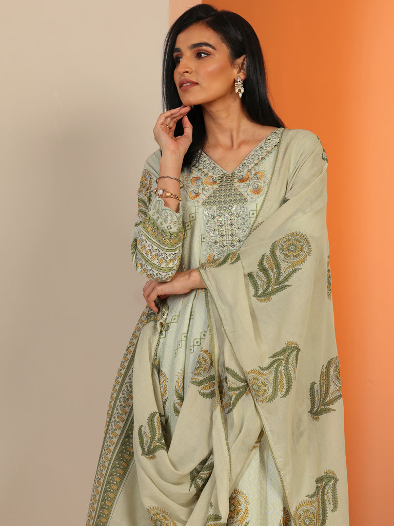 Libas Green Printed Cotton Anarkali Suit Set With Dupatta