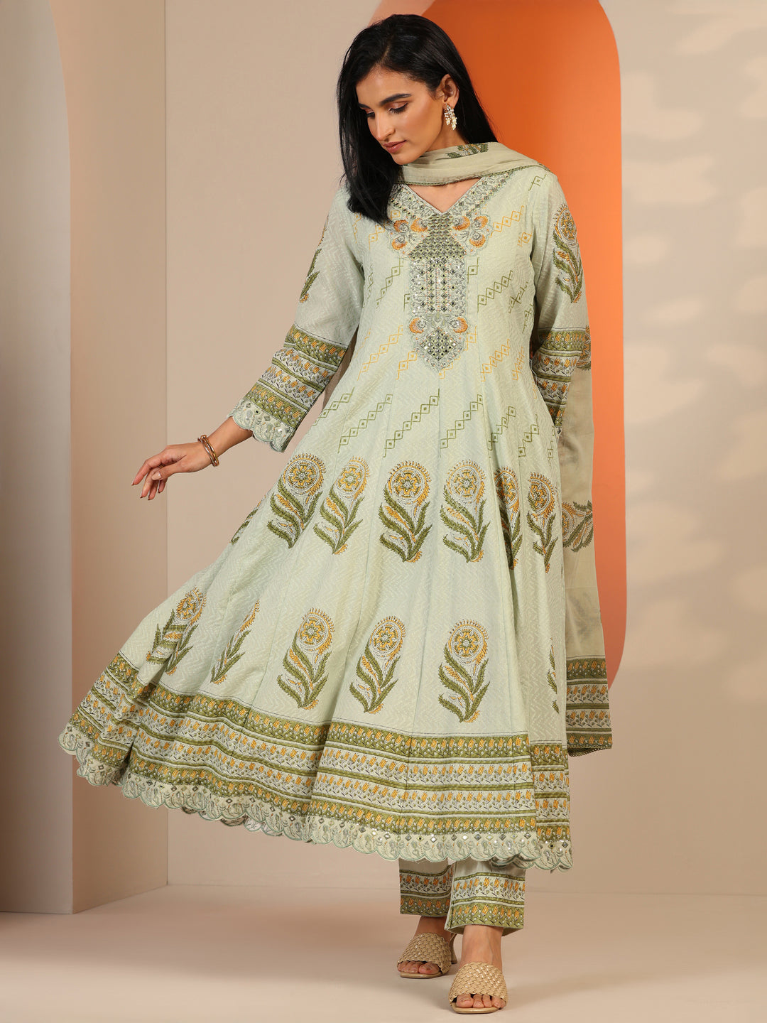  Green Printed Cotton Anarkali Suit Set With Dupatta 