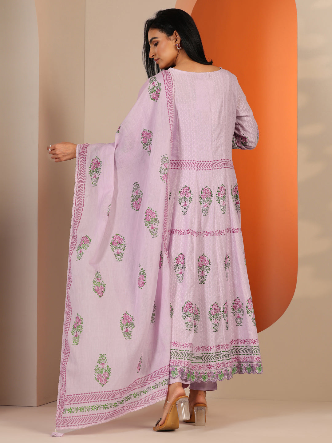  Lavender Printed Cotton Anarkali Suit Set With Dupatta 
