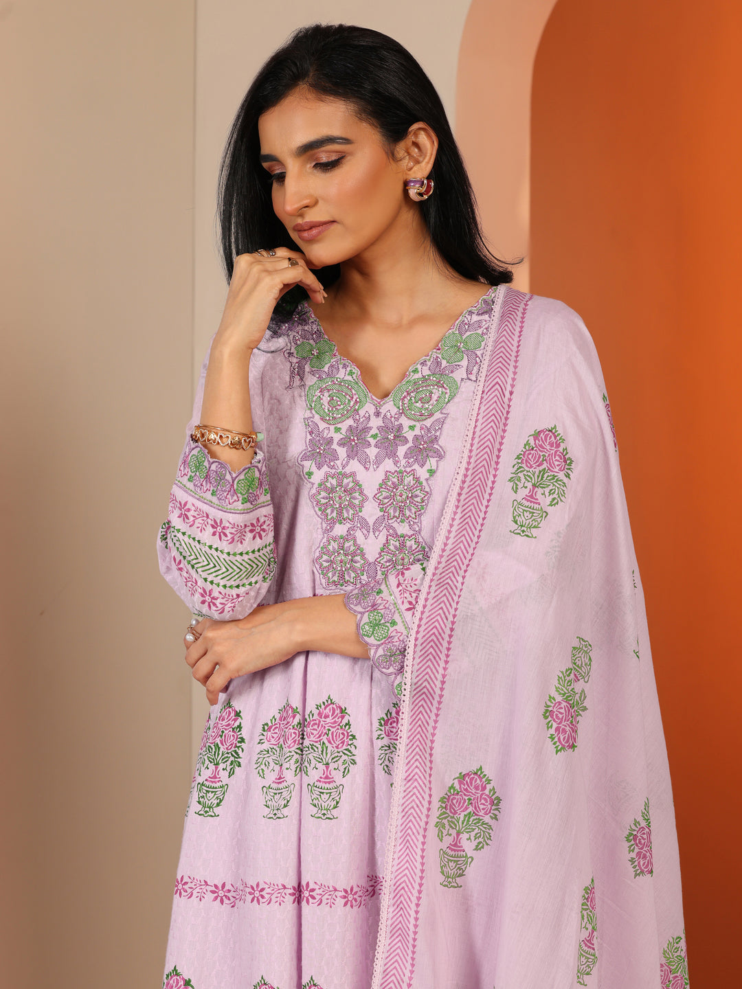  Lavender Printed Cotton Anarkali Suit Set With Dupatta 