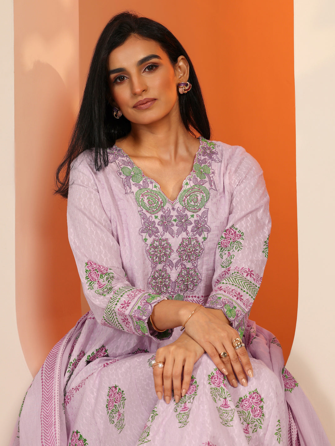 Lavender Printed Cotton Anarkali Suit Set With Dupatta