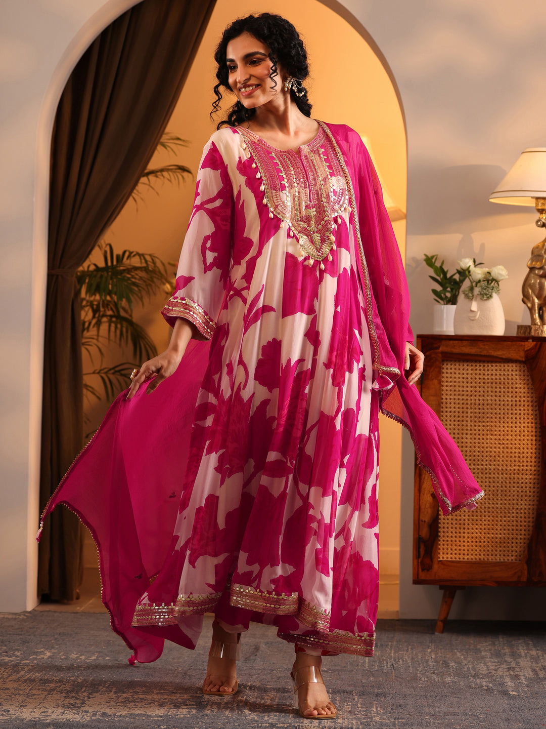  Libas Art Off White Printed Georgette Anarkali Suit Set With Dupatta 