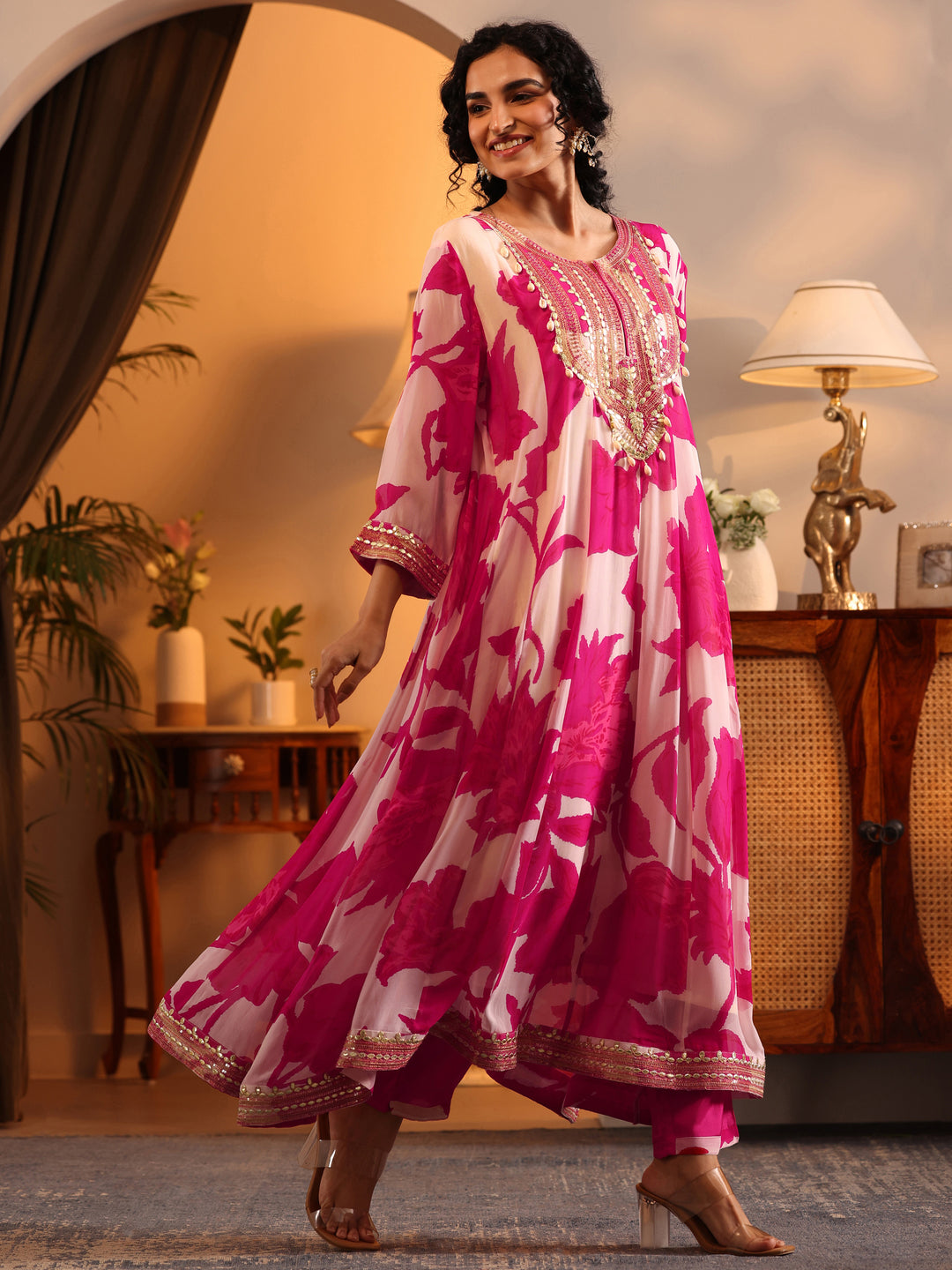  Libas Art Off White Printed Georgette Anarkali Suit Set With Dupatta 