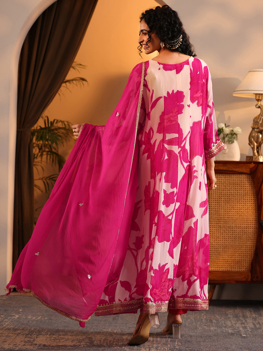  Libas Art Off White Printed Georgette Anarkali Suit Set With Dupatta 