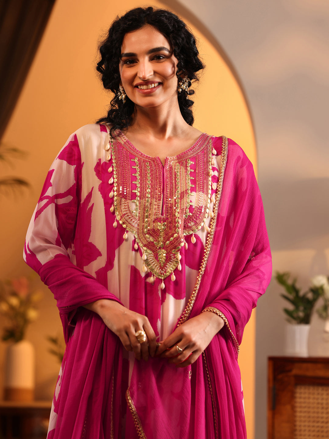  Libas Art Off White Printed Georgette Anarkali Suit Set With Dupatta 