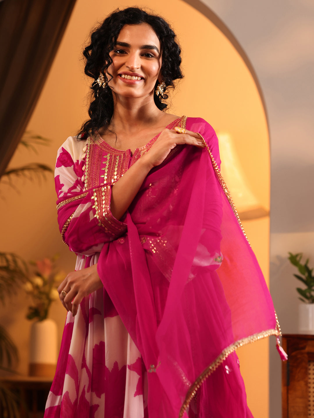 Libas Art Off White Printed Georgette Anarkali Suit Set With Dupatta