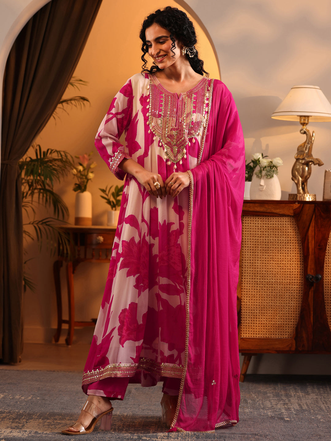  Libas Art Off White Printed Georgette Anarkali Suit Set With Dupatta 