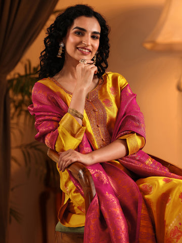 Mustard Woven Design Silk Blend Straight Suit Set With Dupatta